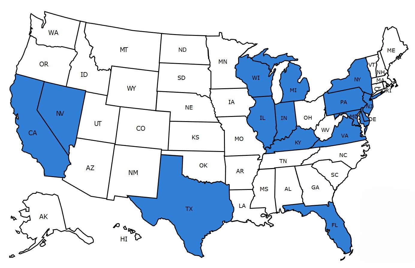A map of the united states with each state labeled.