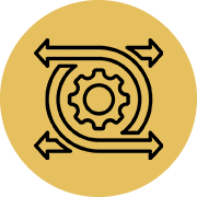 A yellow circle with an image of a gear and arrows.