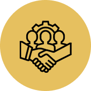 A black and white icon of two people shaking hands.